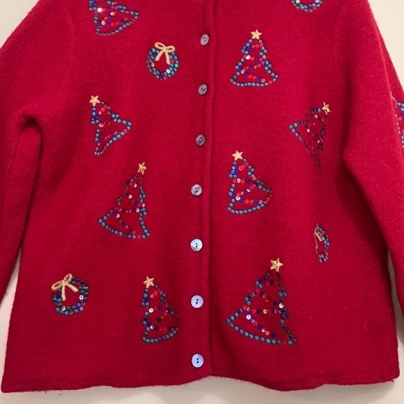 Karen Scott Sport Red Christmas Wool Thick Knit Embroidered Sequin Cardigan M/L - Picture 5 of 16